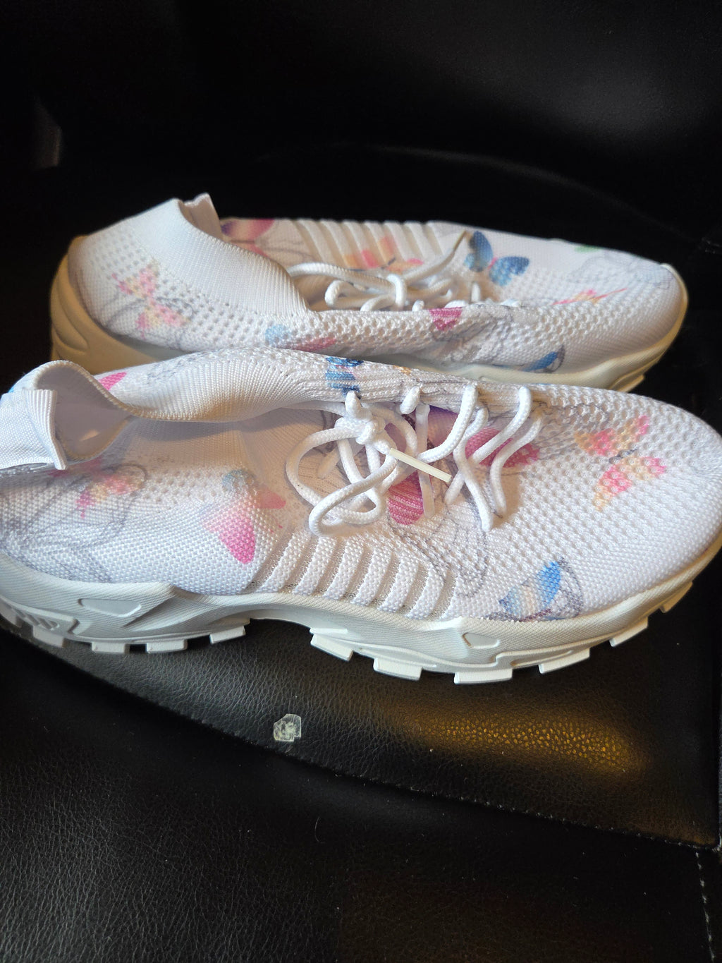Women’s Butterfly Print Sneakers – White Lightweight Knit Running Shoes – Casual Athletic