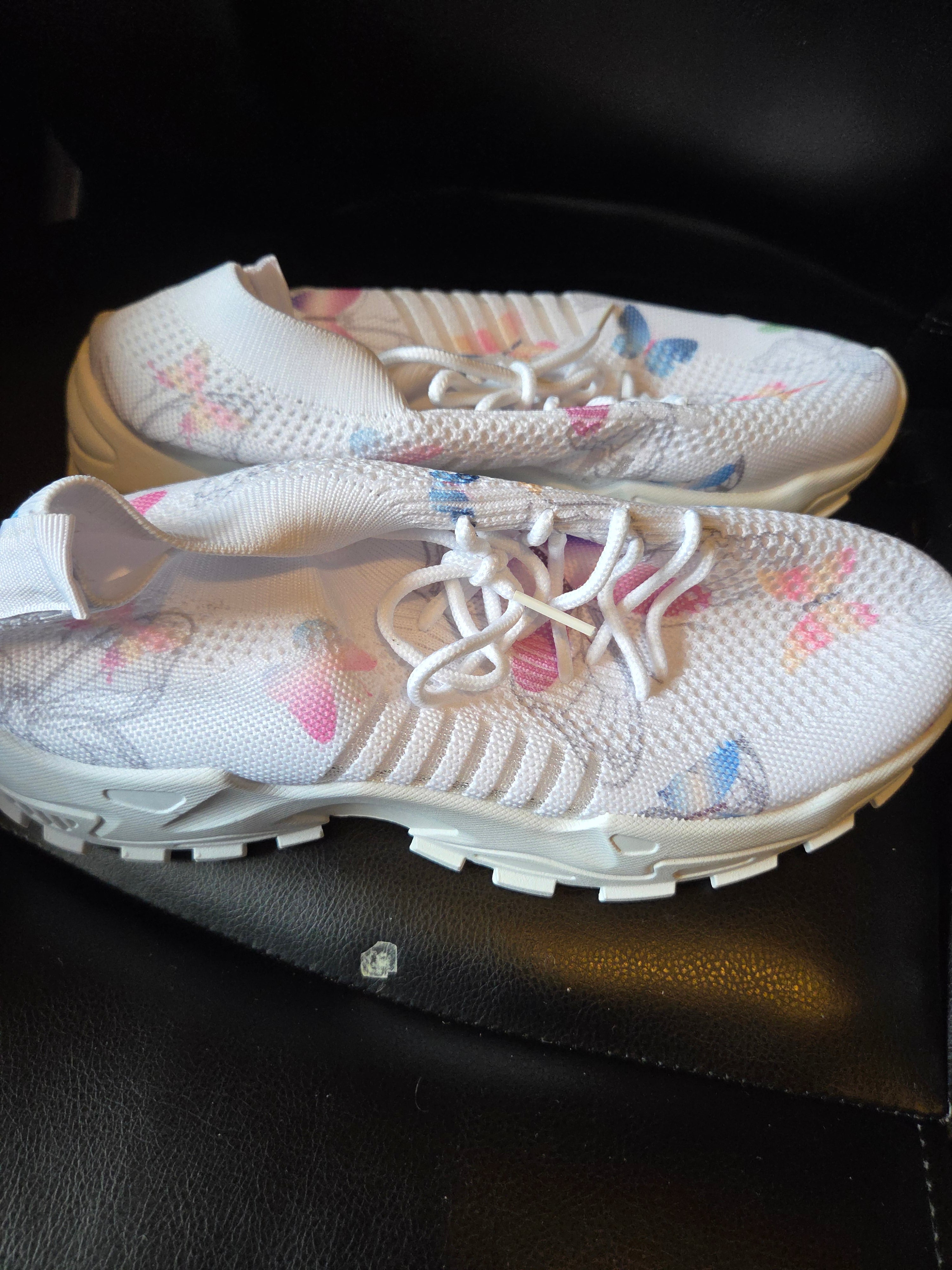 Women’s Butterfly Print Sneakers – White Lightweight Knit Running Shoes – Casual Athletic