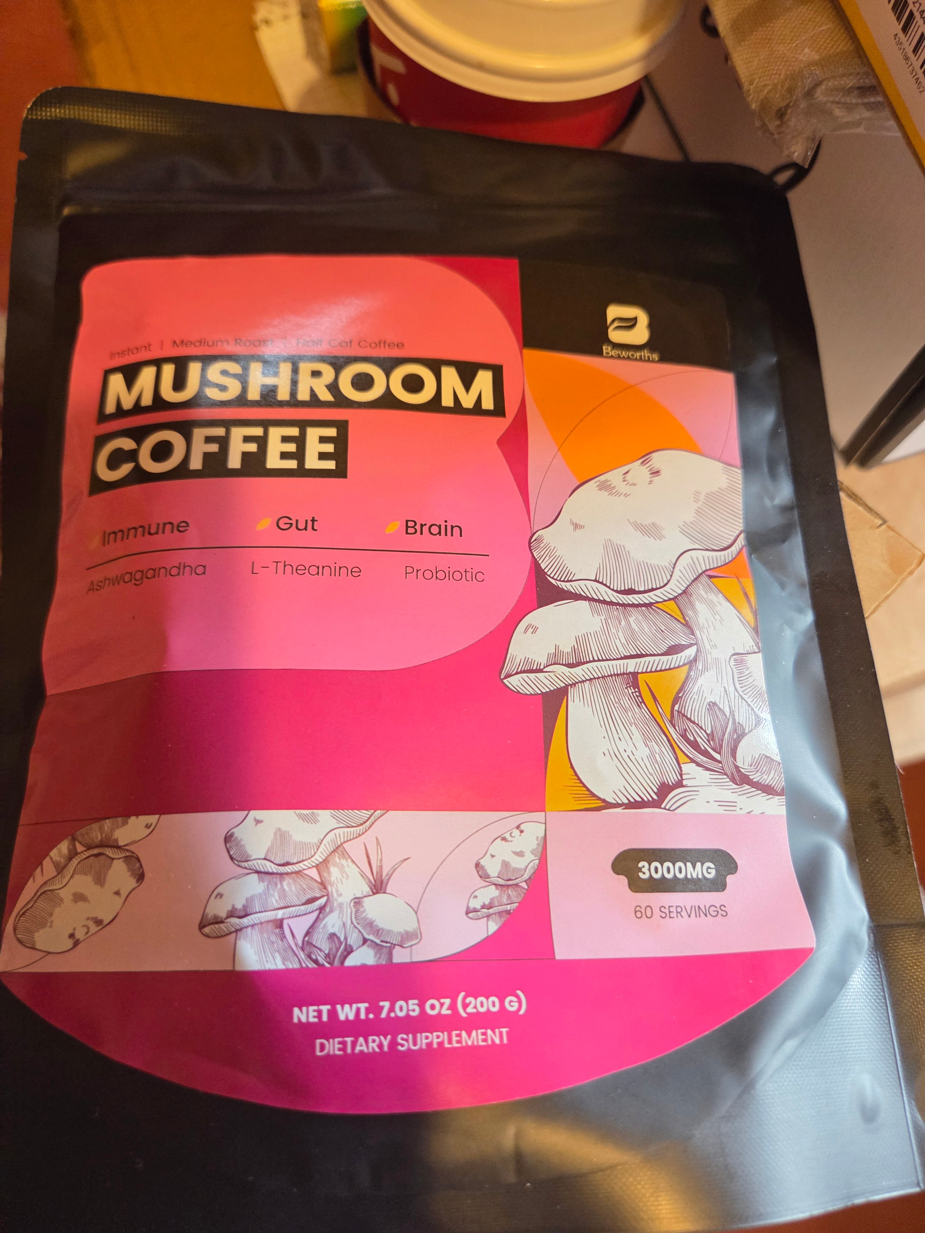 Mushroom Coffee Instant Medium Roast Half-Caff Blend – L-Theanine, Probiotics, Ashwagandha – 60 Servings