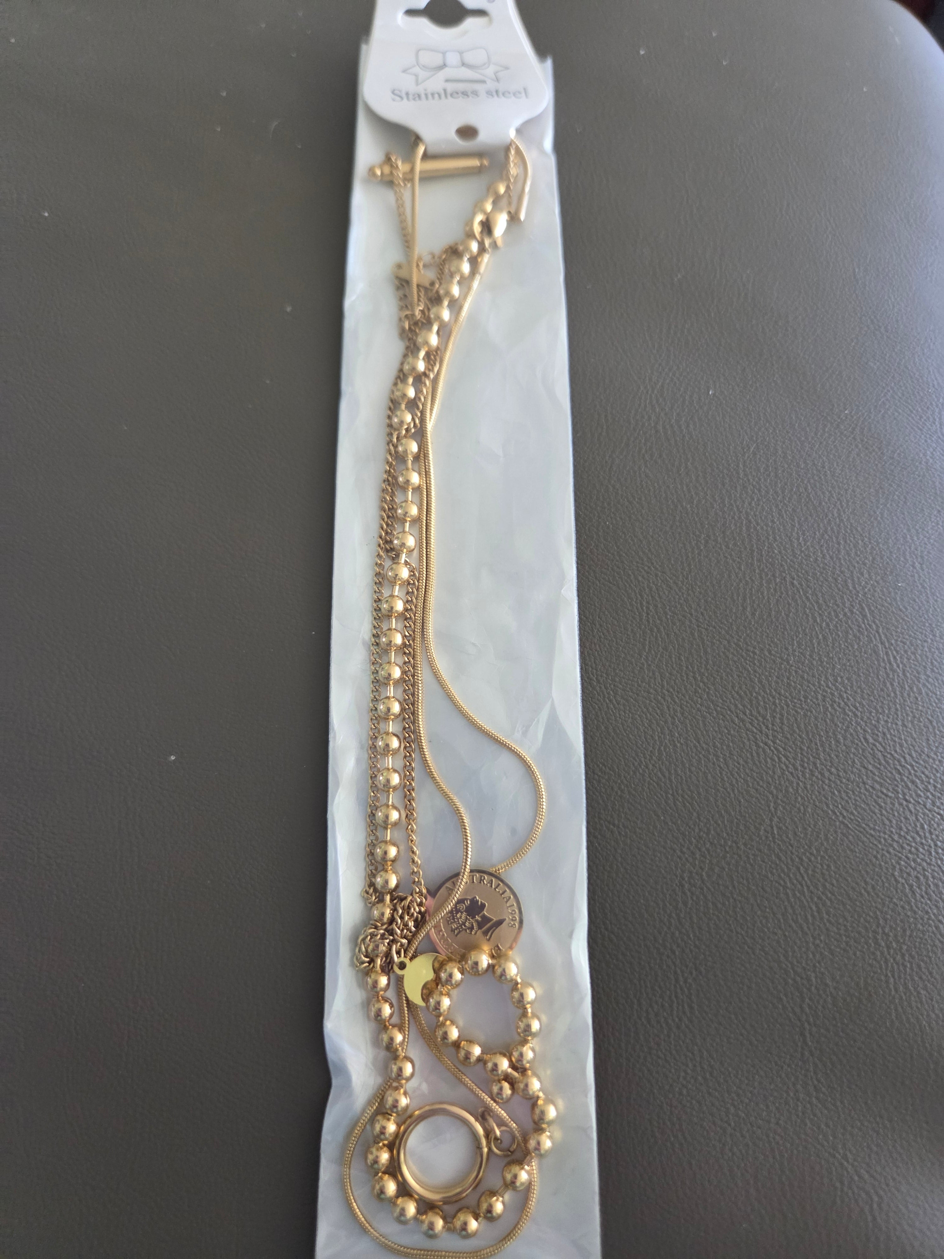 Gold Tone Layered Necklace Set – Stainless Steel Multi Chain Beaded Pendant Jewelry