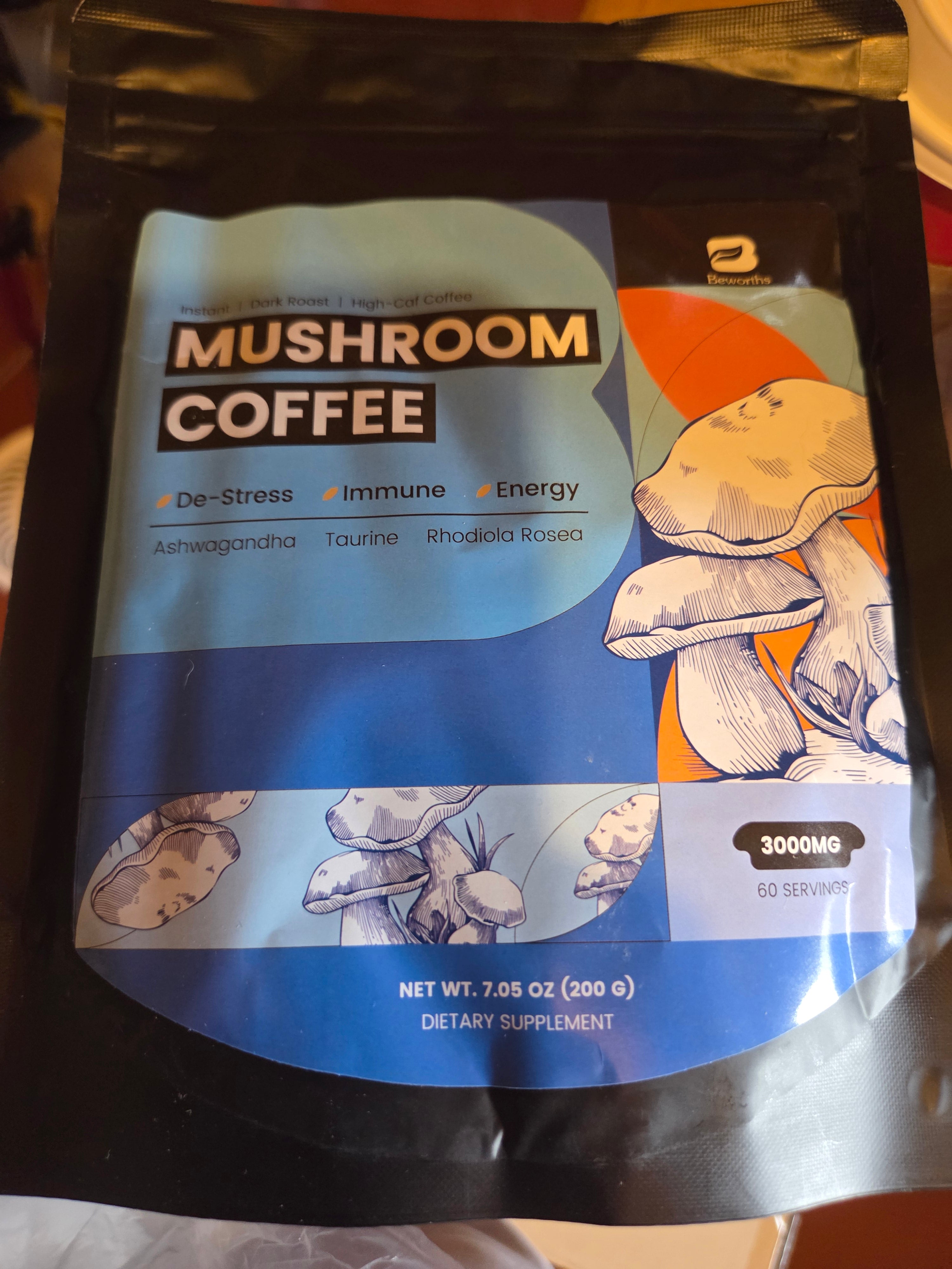 Mushroom Coffee Instant Dark Roast High-Caffeine Blend – Ashwagandha, Taurine, Rhodiola – 60 Servings
