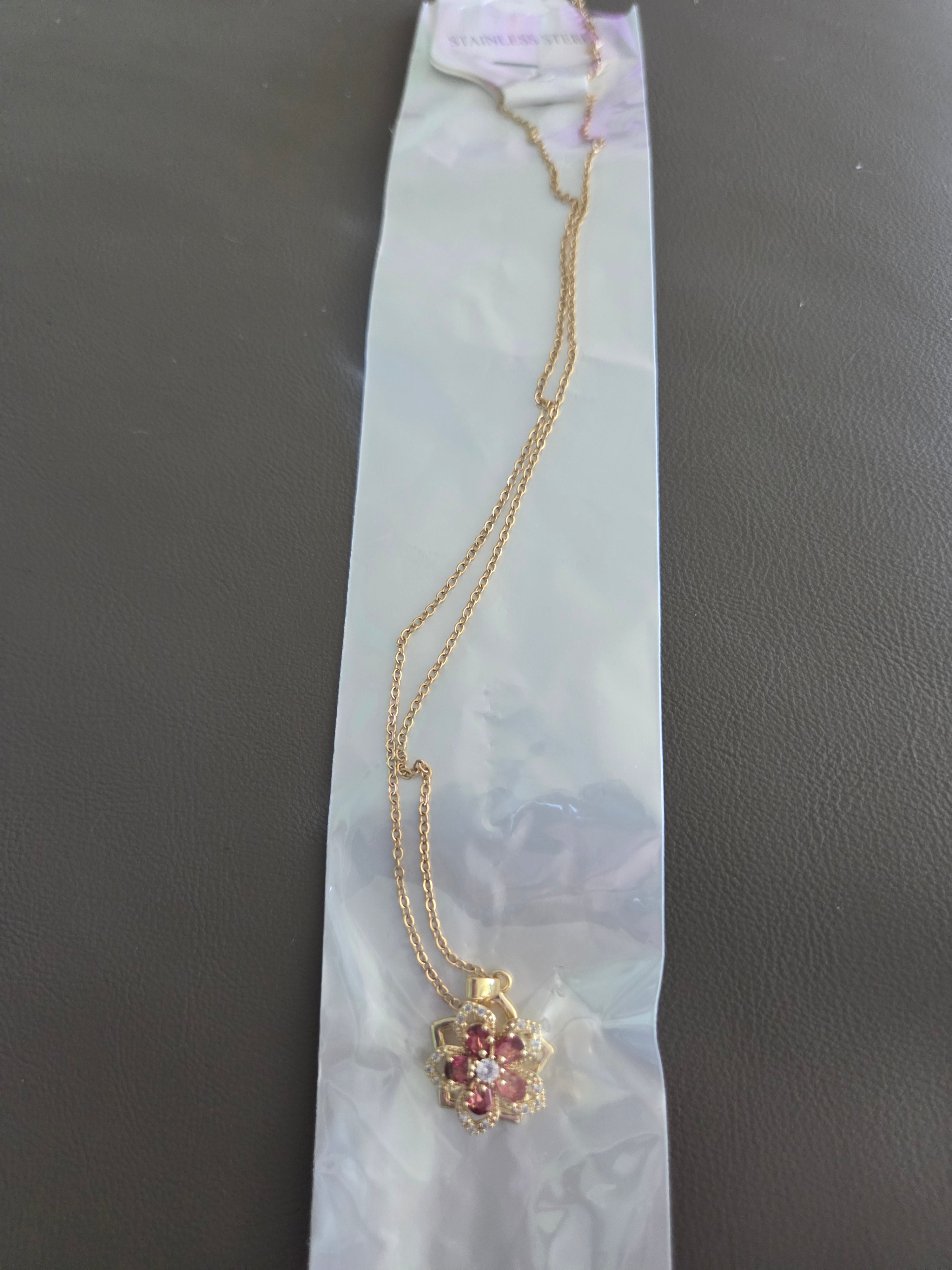 Gold Tone Pink Flower Pendant Necklace – Crystal Floral Stainless Steel Jewelry