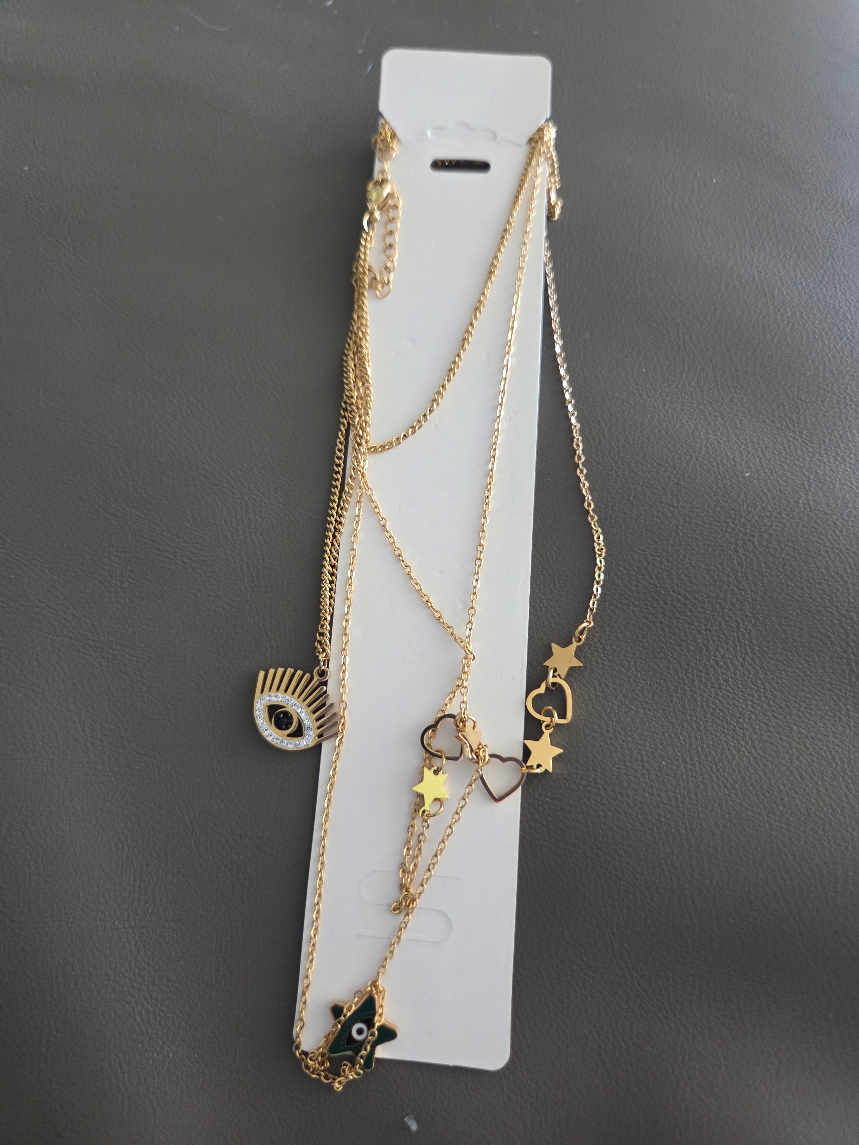 Gold Tone Layered Charm Necklace Set – Eye, Star & Heart Charms (Boho Style)