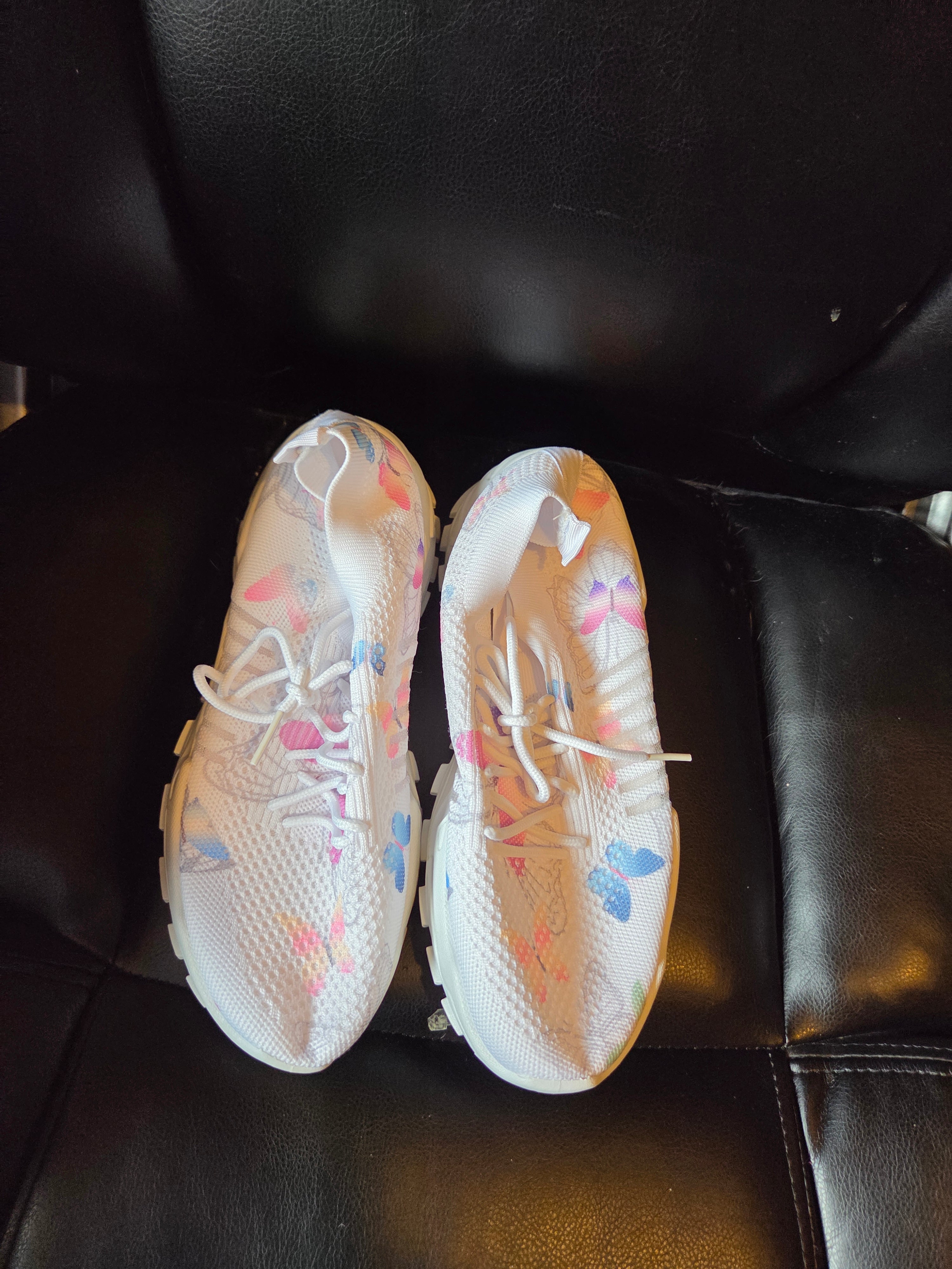 Women’s Butterfly Print Sneakers – White Lightweight Knit Running Shoes – Casual Athletic