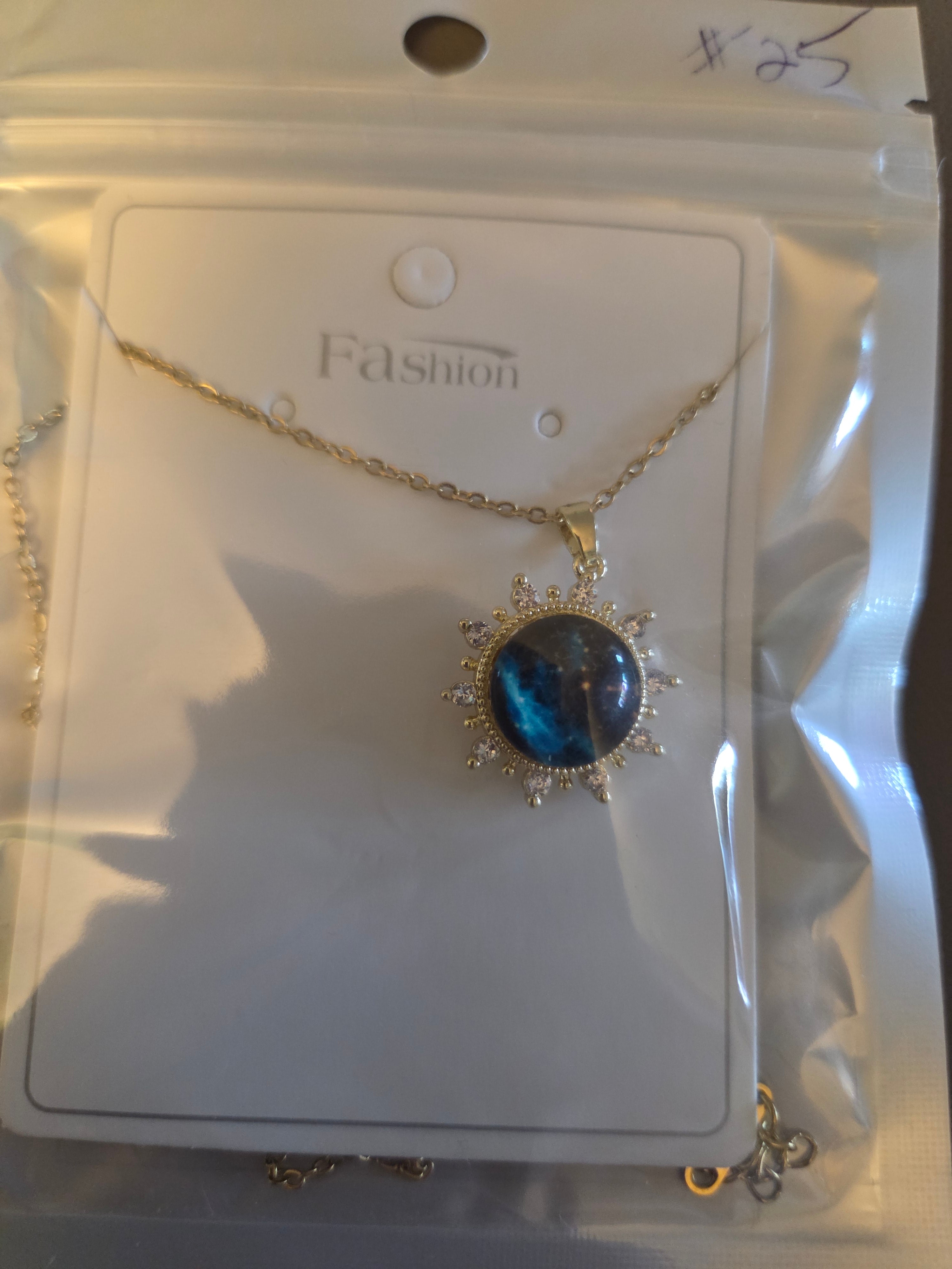 Necklace Blue center with stones around it.