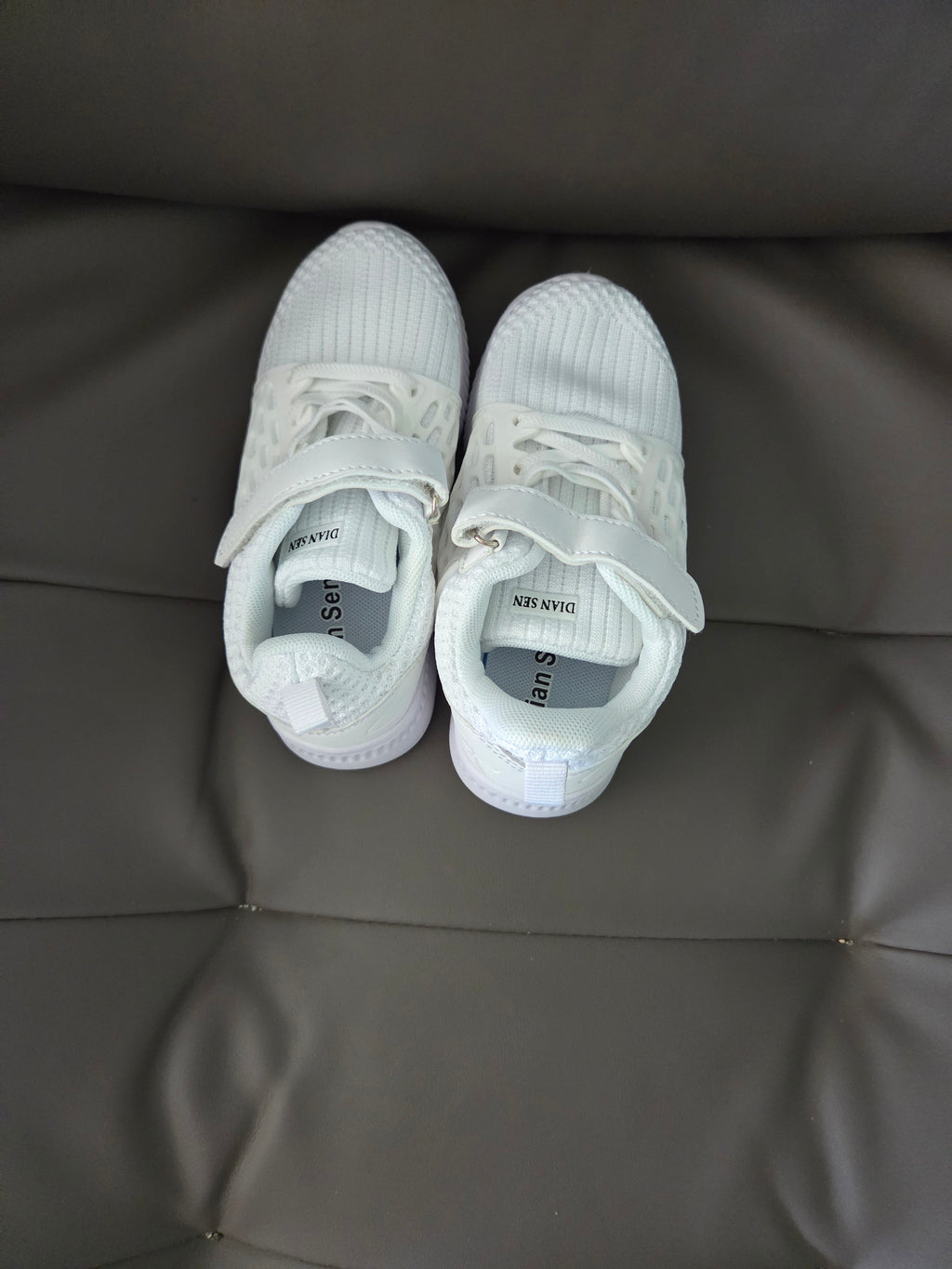 Kids White Knit Sneakers – Breathable Hook & Loop Strap Shoes (EU 30 / US Kids 12–12.5)