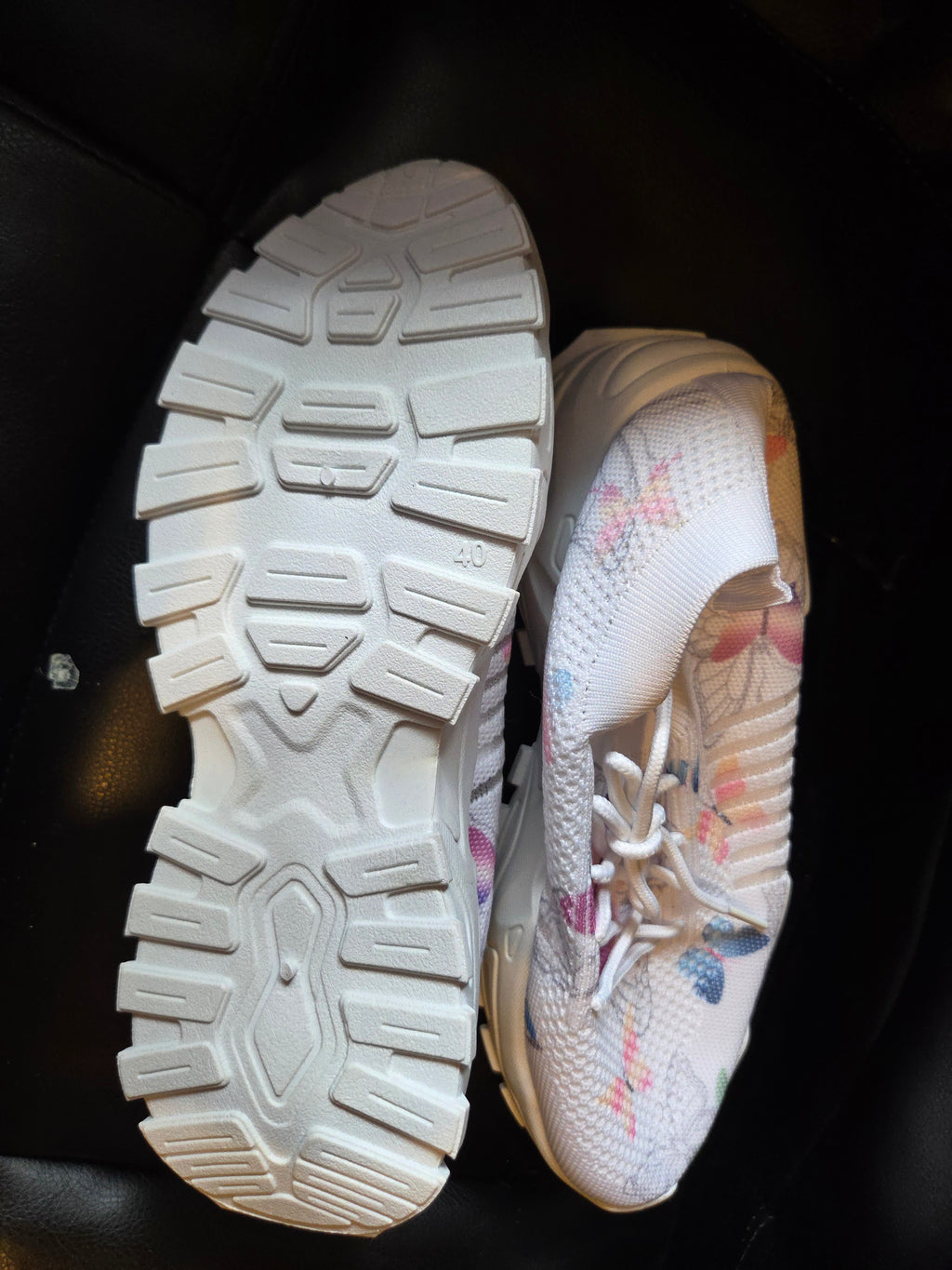 Women’s Butterfly Print Sneakers – White Lightweight Knit Running Shoes – Casual Athletic