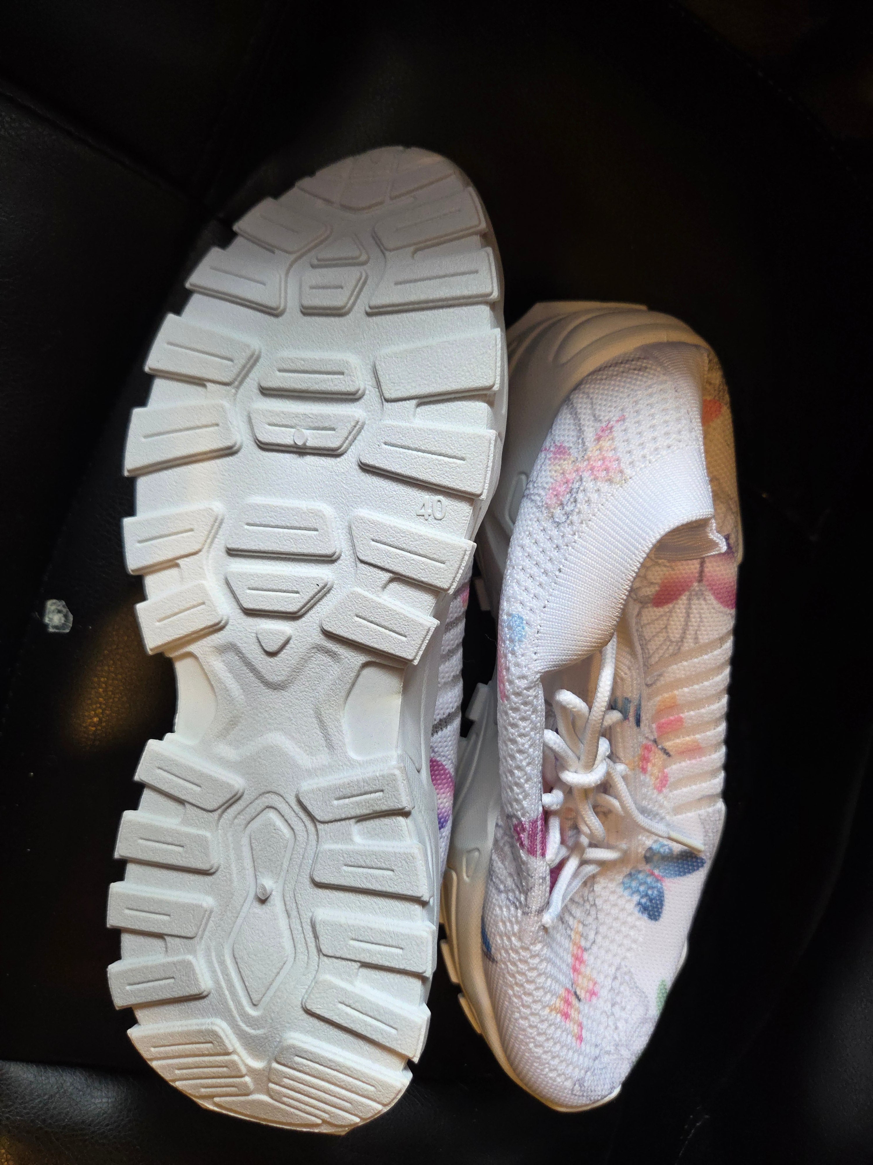 Women’s Butterfly Print Sneakers – White Lightweight Knit Running Shoes – Casual Athletic