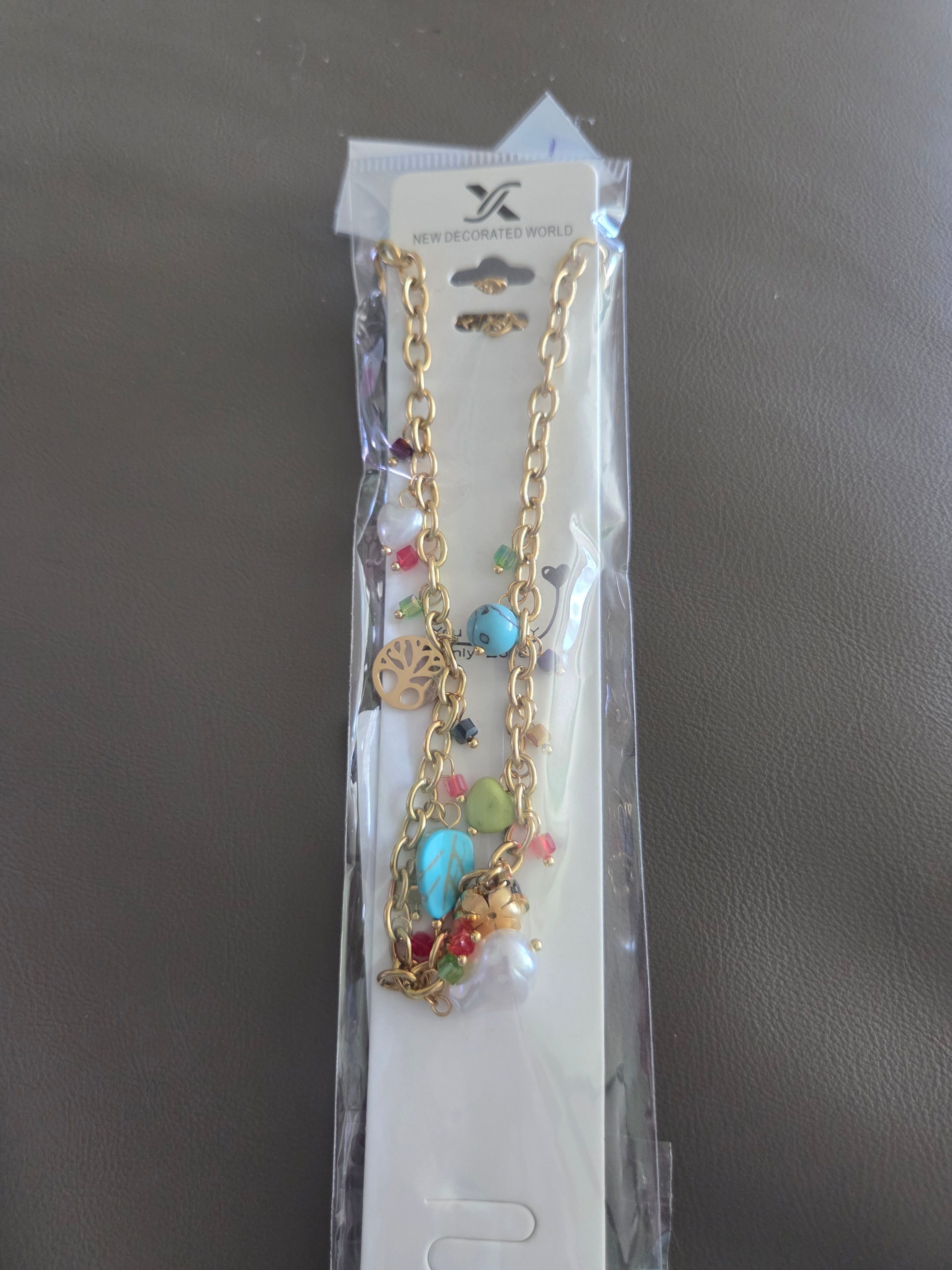 Gold Tone Charm Necklace with Colorful Stones & Charms – Boho Style Jewelry