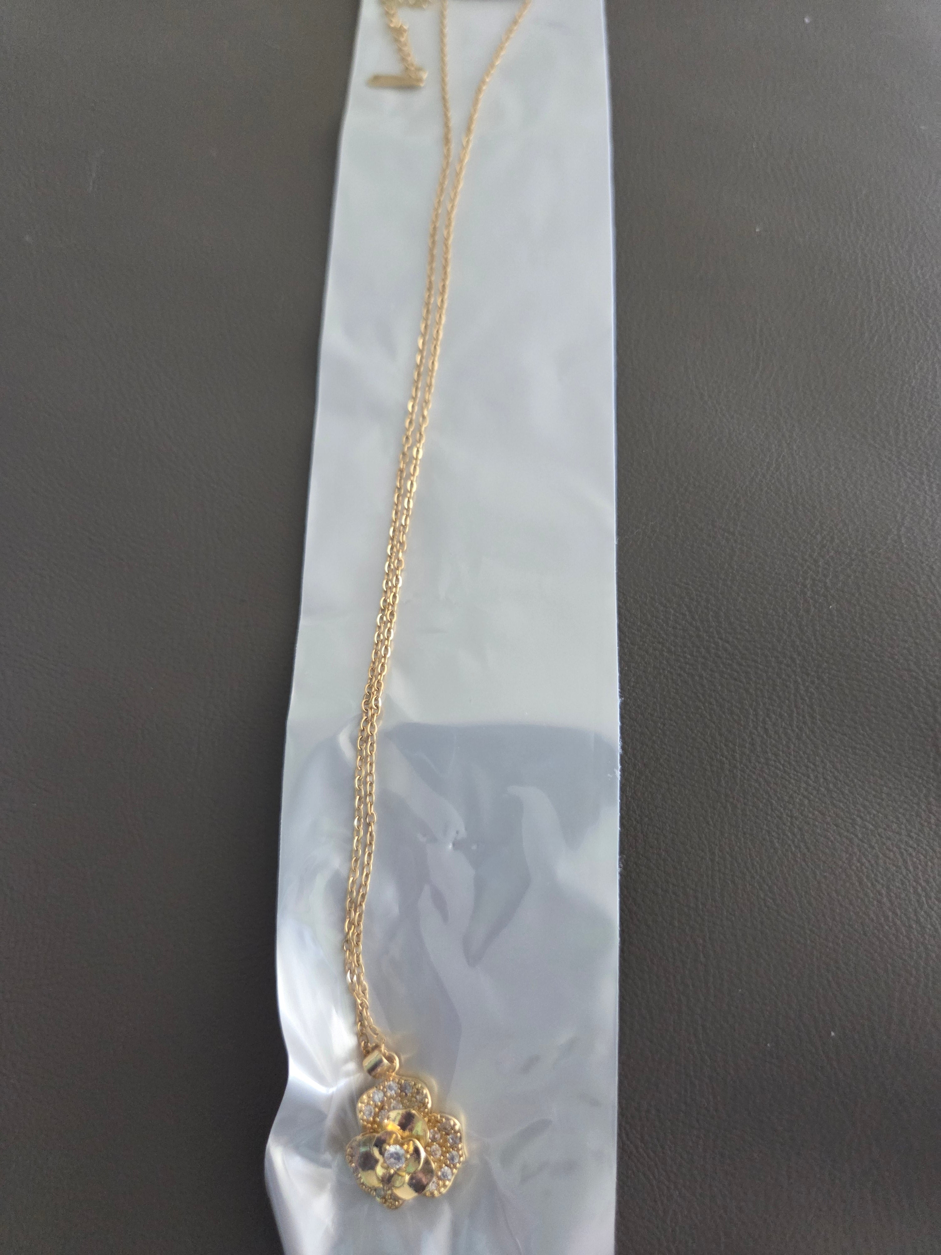 Gold Tone Flower Pendant Necklace – Crystal Accent Stainless Steel Jewelry