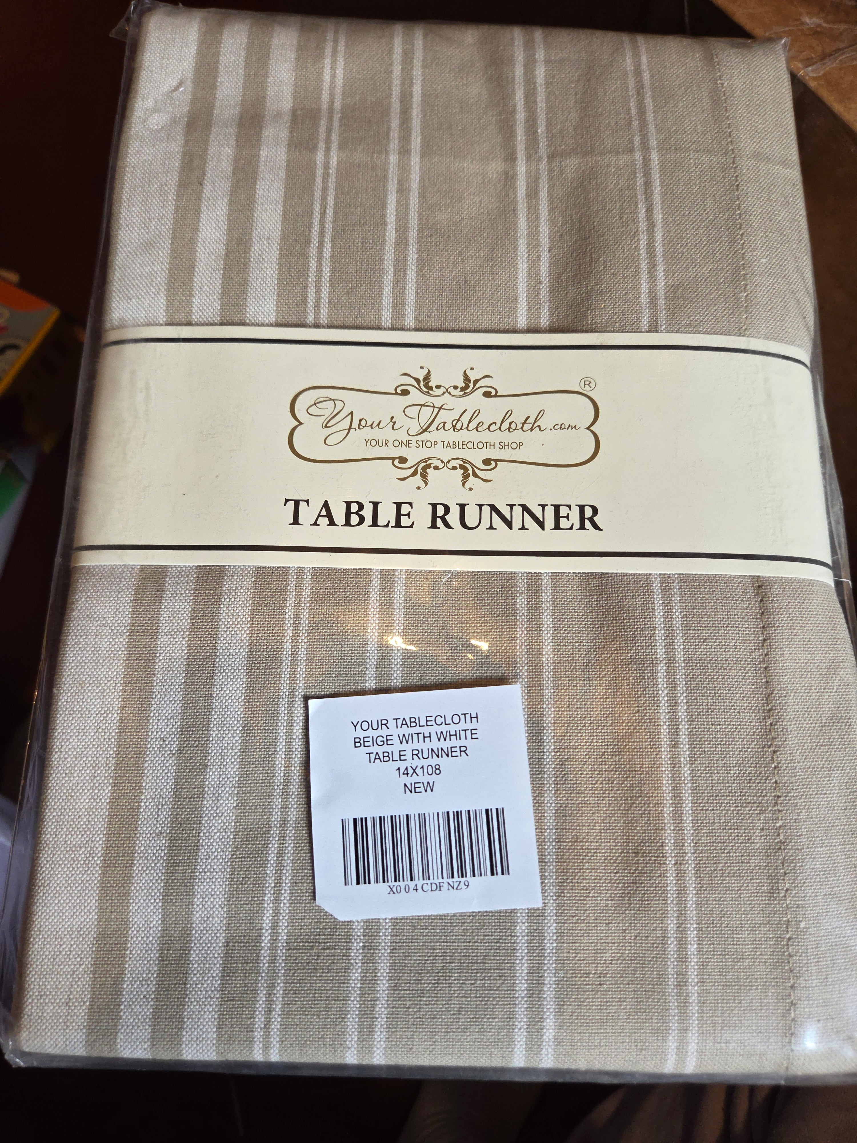 Beige & White Striped Table Runner 14x108 – Farmhouse Style (New)