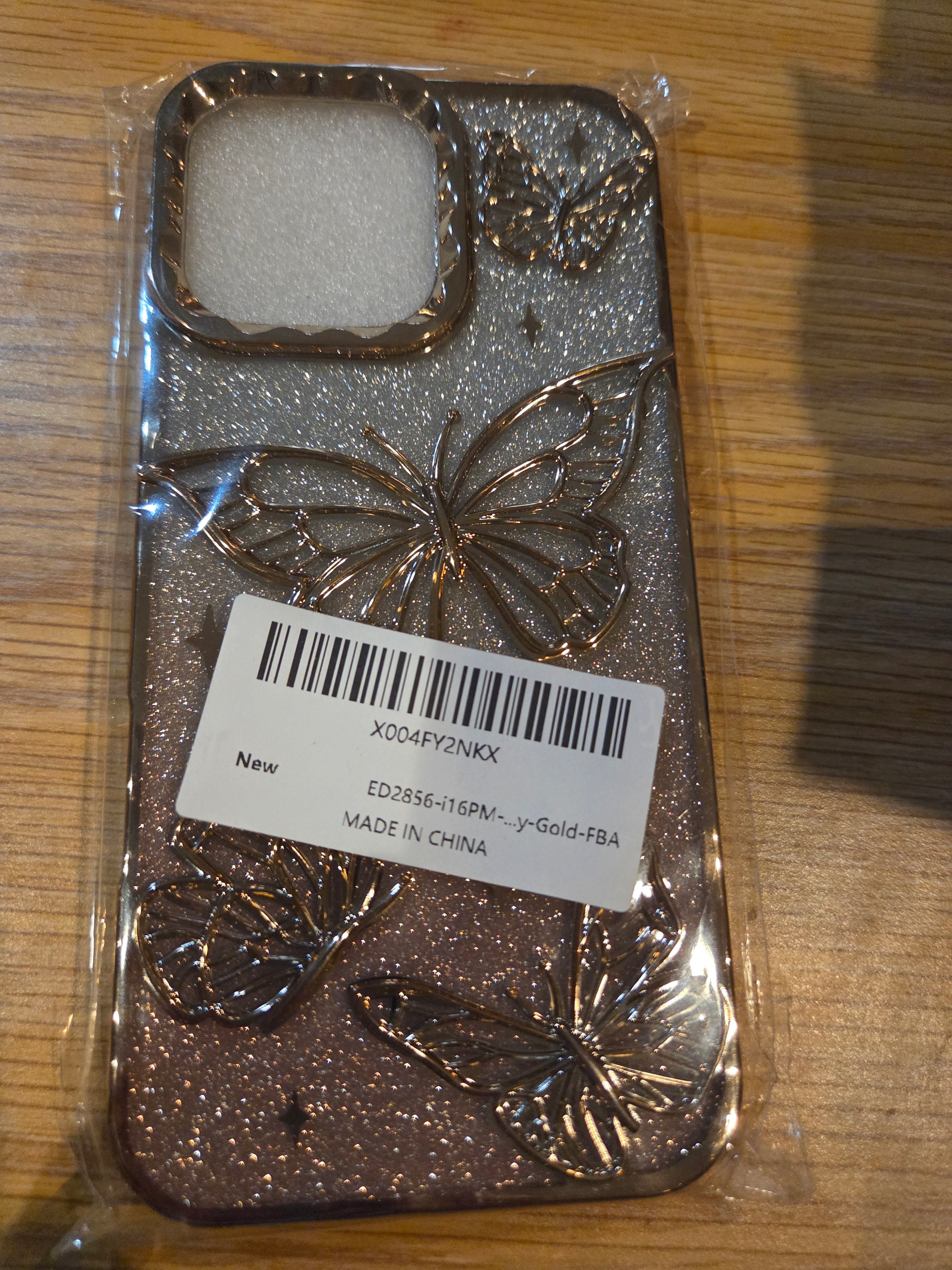iPhone 16 Pro Max Butterfly Glitter Case – Gold Sparkle Protective Phone Cover