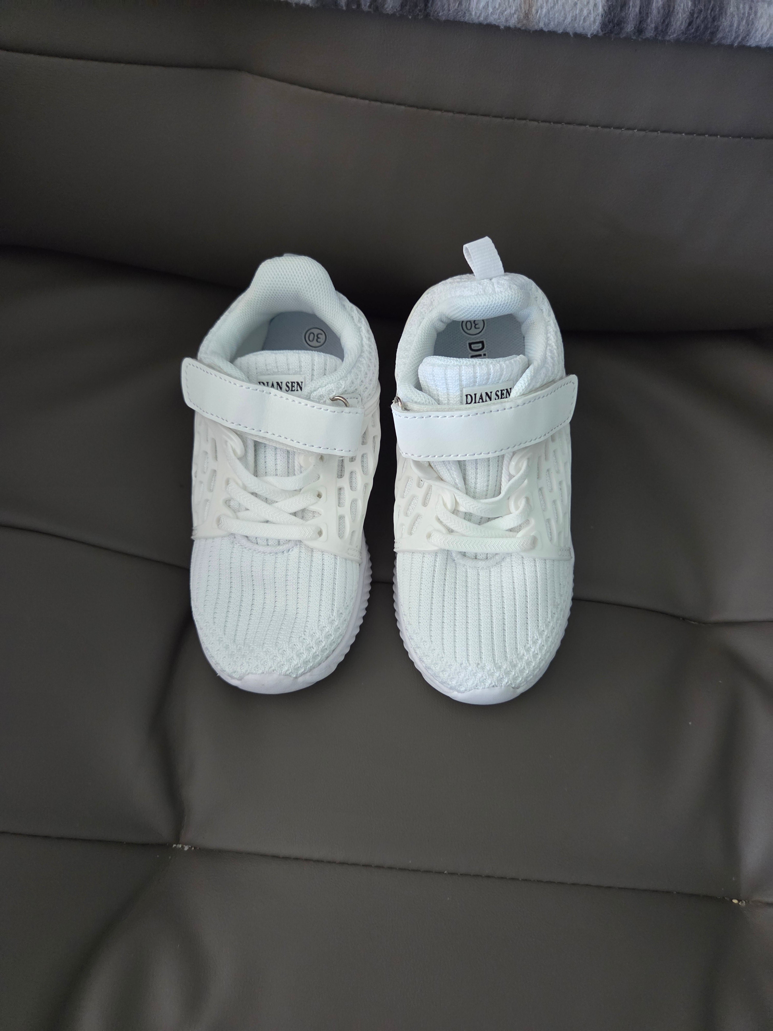 Kids White Knit Sneakers – Breathable Hook & Loop Strap Shoes (EU 30 / US Kids 12–12.5)
