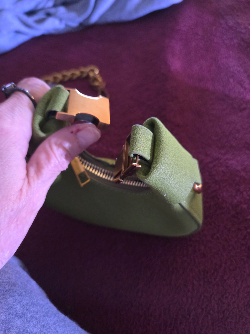 Olive Green Mini Top Handle Crossbody Bag – Structured Designer-Inspired with Gold Chain Strap