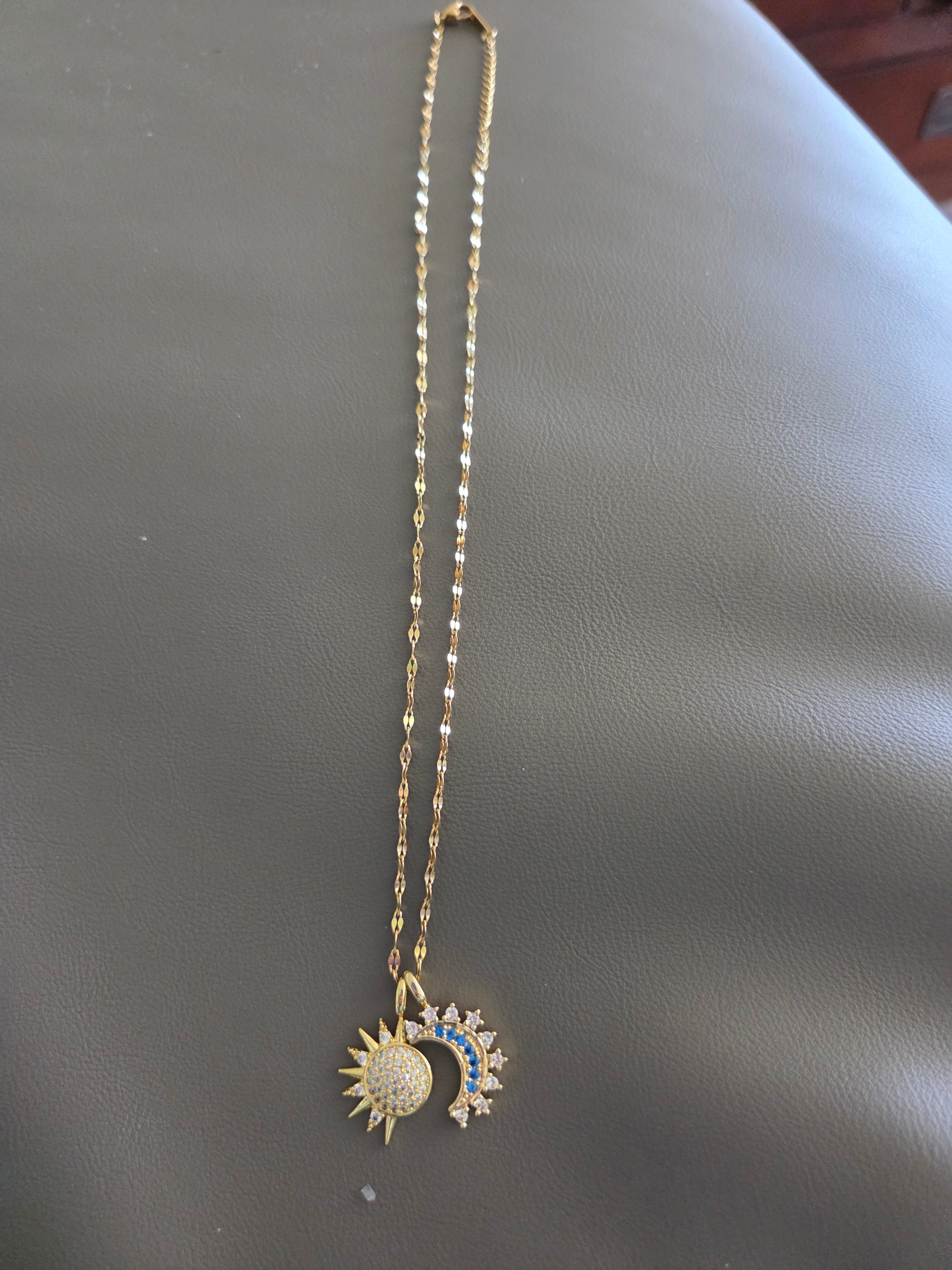 Gold Tone Sun & Moon Pendant Necklace – Celestial Blue & Crystal Accent Jewelry